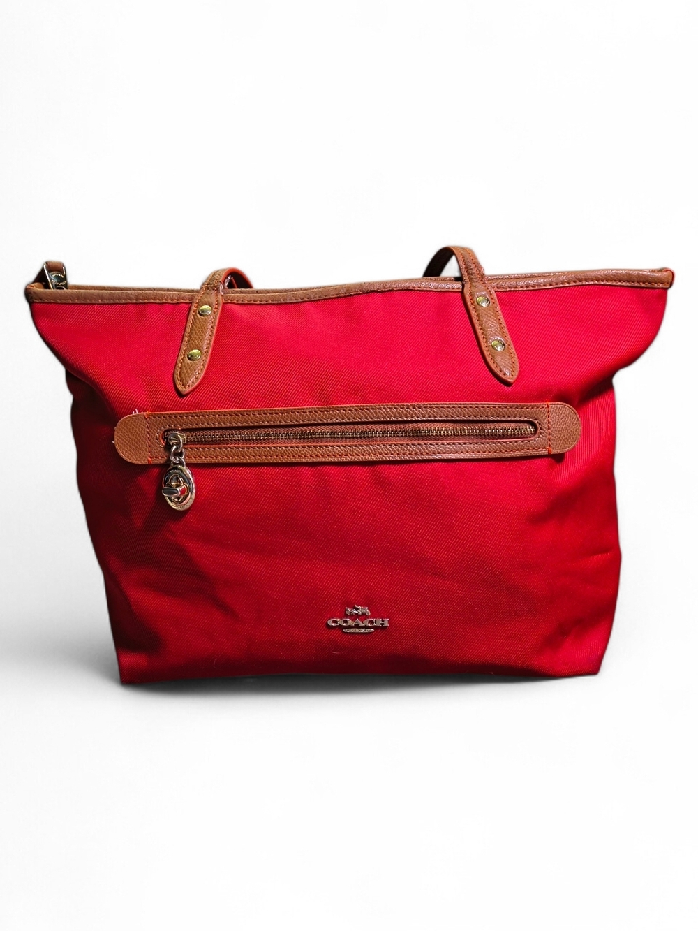 Vintage Coach Red Canvas Tote Bag Leather Trim Large Shoulder Purse Classic - Picture 3 of 8
